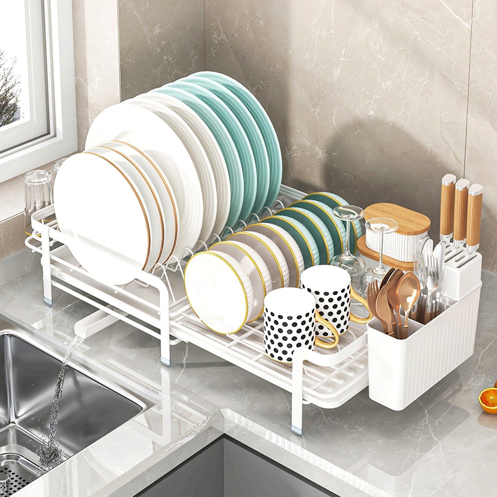 [1pc Adjustable Dish Drying Rack] 1pc Multifunctional Adjustable Metal and Plastic Dish Drying Rack with Swivel Drain Pipe