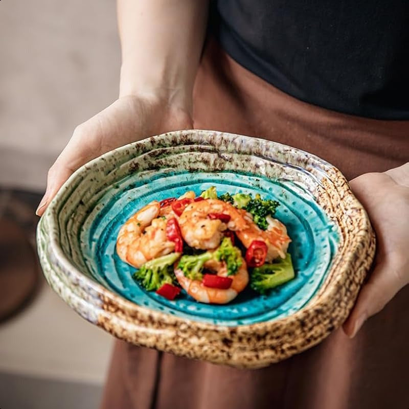 1pc SpecialShaped Ceramic Plate with Green Ice Crack Glaze & Spiral Design - Heavy-Duty Textured Rectangular Serving Tray for Dining Table, Coffee Table