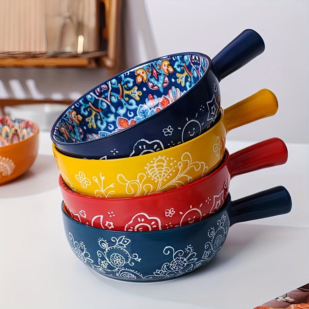 4pcs 9.5 Inches Embossed Underglaze Bohemian Handle Bowls - Microwave Safe