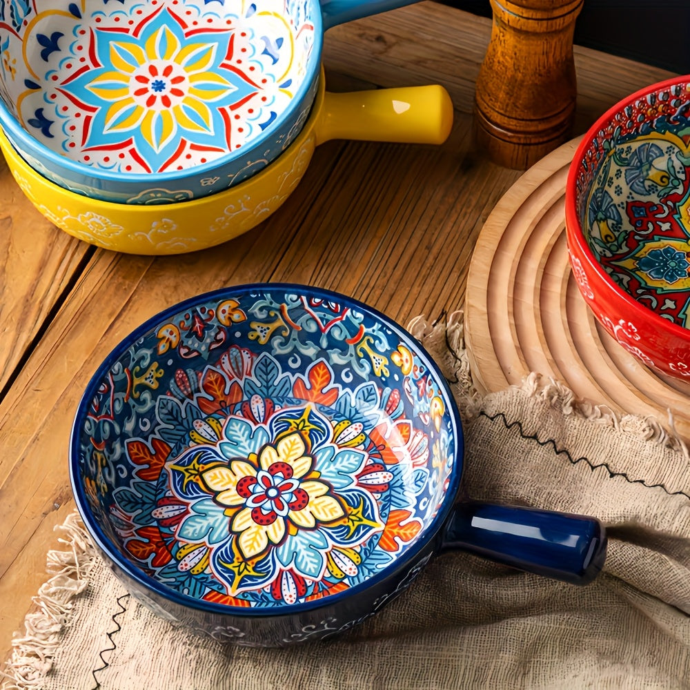 4pcs 9.5 Inches Embossed Underglaze Bohemian Handle Bowls - Microwave Safe