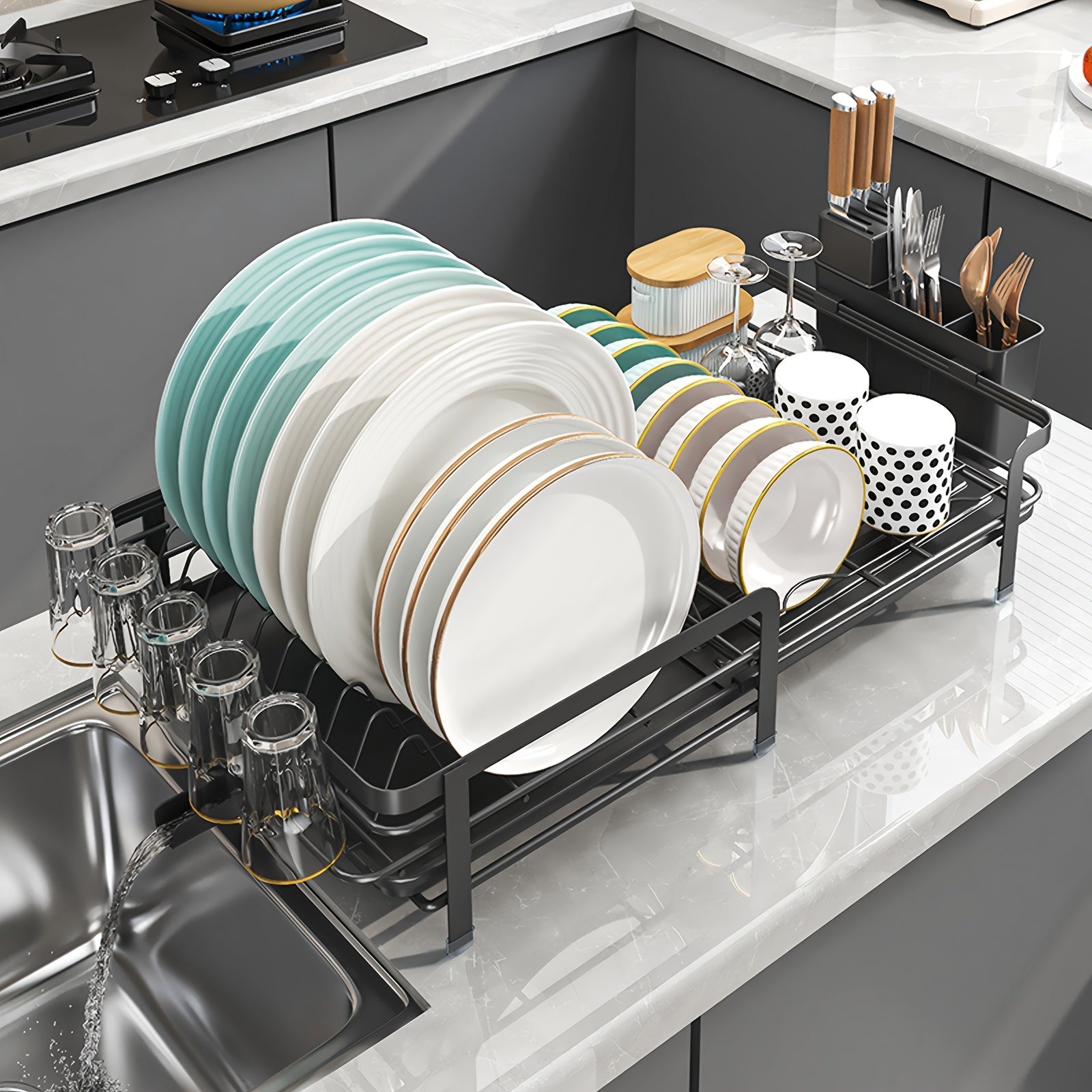 [1pc Adjustable Dish Drying Rack] 1pc Multifunctional Adjustable Metal and Plastic Dish Drying Rack with Swivel Drain Pipe