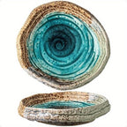 1pc SpecialShaped Ceramic Plate with Green Ice Crack Glaze & Spiral Design - Heavy-Duty Textured Rectangular Serving Tray for Dining Table, Coffee Table