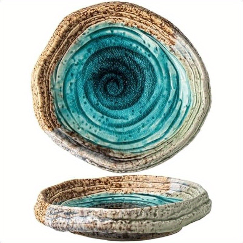 1pc SpecialShaped Ceramic Plate with Green Ice Crack Glaze & Spiral Design - Heavy-Duty Textured Rectangular Serving Tray for Dining Table, Coffee Table