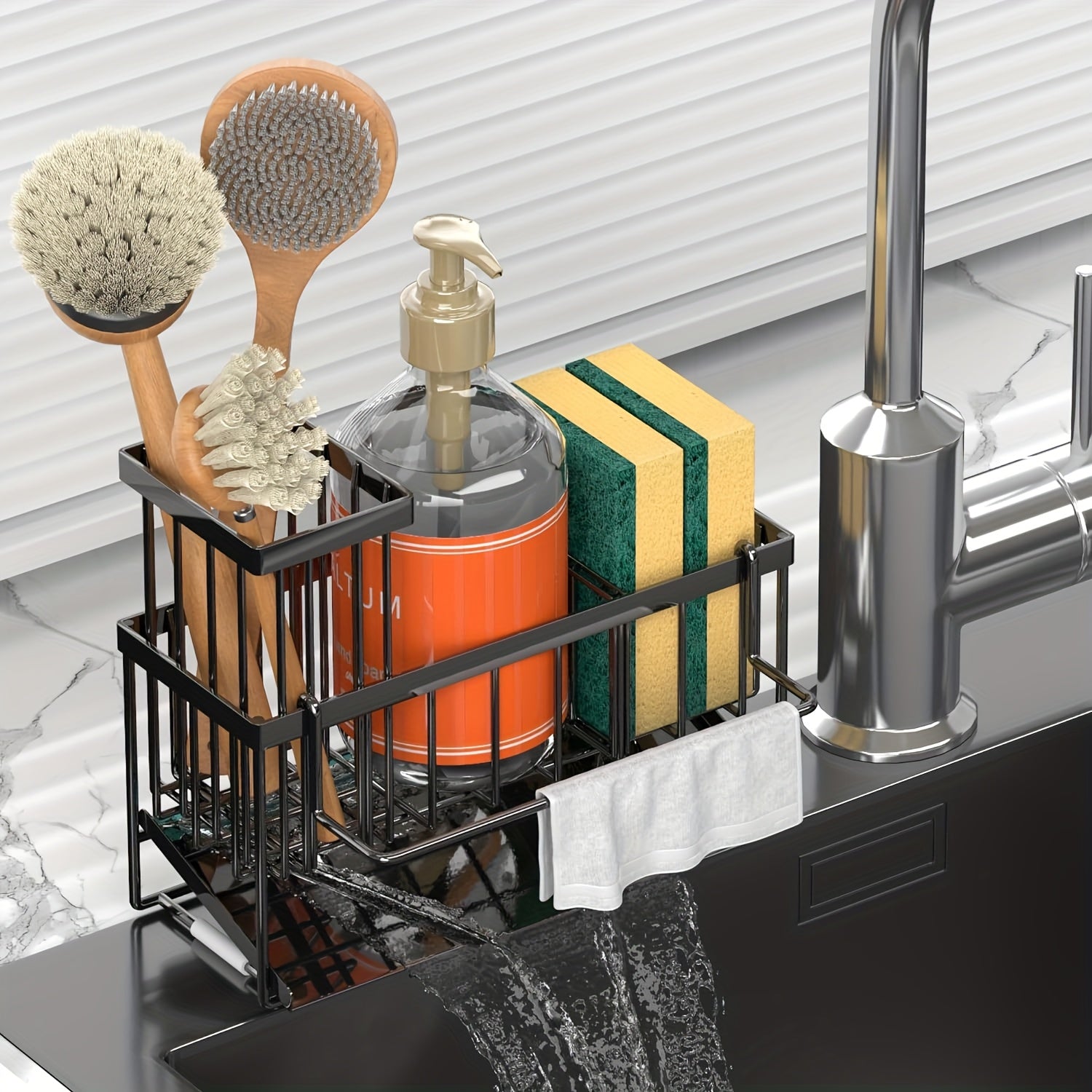 1pc 304 Stainless Steel Black Kitchen Sink Drainer Rack, Kitchen Sink Sponge Rack