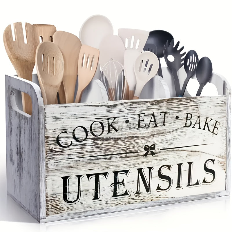 Rustic Wooden Kitchen Utensil Holder, 1pc 3-Compartment Storage Box, Countertop & Wall-Mounted Organizer, Wood Material, Kitchen Accessories for Cook, Eat, Bake Tools 2025