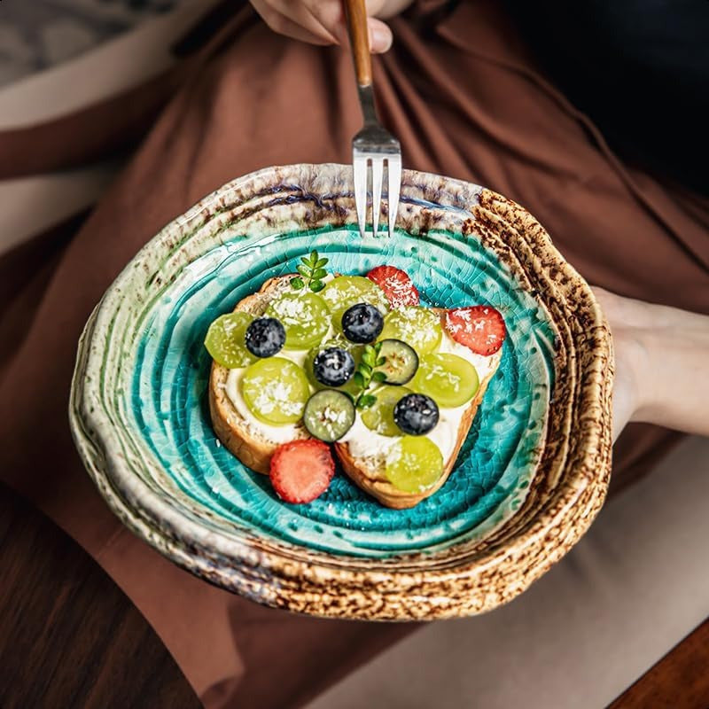 1pc SpecialShaped Ceramic Plate with Green Ice Crack Glaze & Spiral Design - Heavy-Duty Textured Rectangular Serving Tray for Dining Table, Coffee Table