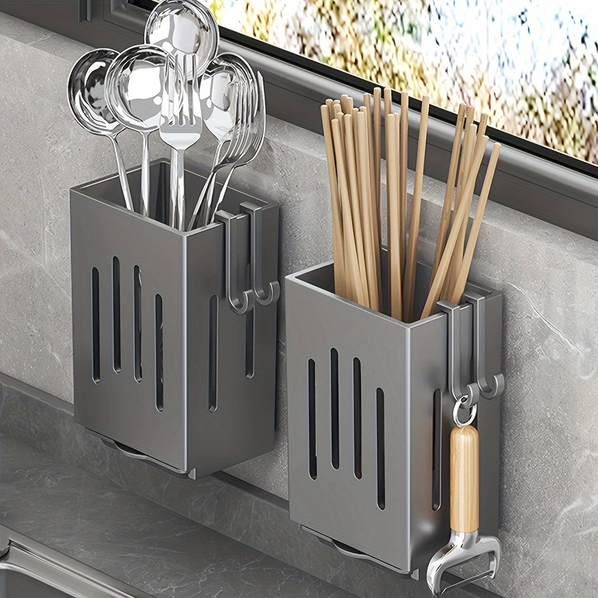 Kitchen Storage Set 2pcs- Multifunctional Utensil and Chopstick Holder, Wall-Mounted or Freestanding, Durable Plastic Multi-Layer Design, Suitable for Utensils and Cutlery