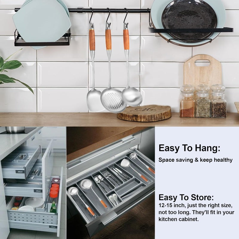 Stainl Steel Kitchen Utensils Set with Wooden Handle 6 PCS Profional Cooking Utensils Set Wok Spatula Ladle Skimmer Slotted Spatula Turner Spaghetti Spoon Large Spoon