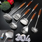 Stainl Steel Kitchen Utensils Set with Wooden Handle 6 PCS Profional Cooking Utensils Set Wok Spatula Ladle Skimmer Slotted Spatula Turner Spaghetti Spoon Large Spoon