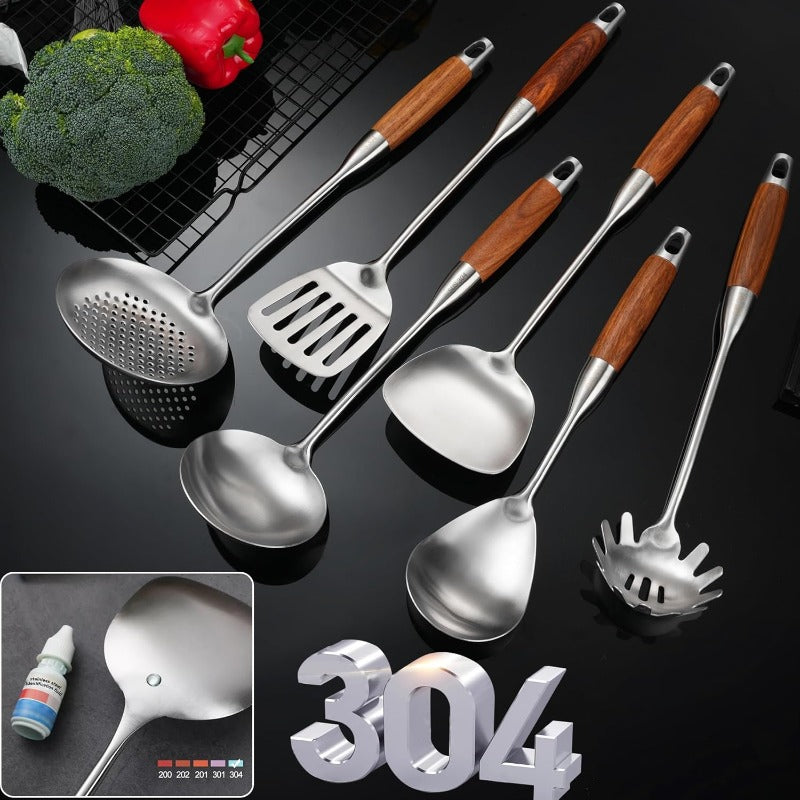 Stainl Steel Kitchen Utensils Set with Wooden Handle 6 PCS Profional Cooking Utensils Set Wok Spatula Ladle Skimmer Slotted Spatula Turner Spaghetti Spoon Large Spoon