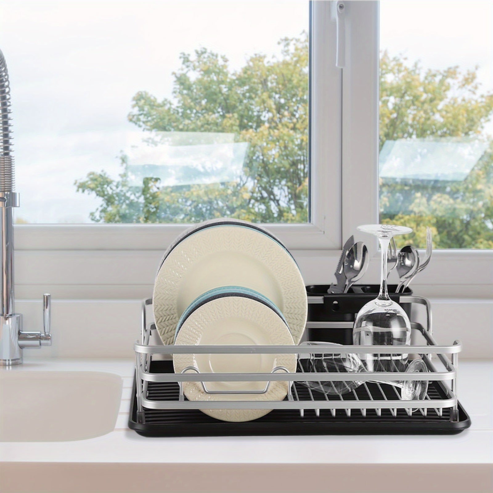 1pc Aluminum Dish Rack, Dish Drain Rack, Detachable Kitchen Counter Organizer Above Sink, Very Suitable For Storing Dishes, Bowls, Cups And Tableware, Dish Drying Rack.
