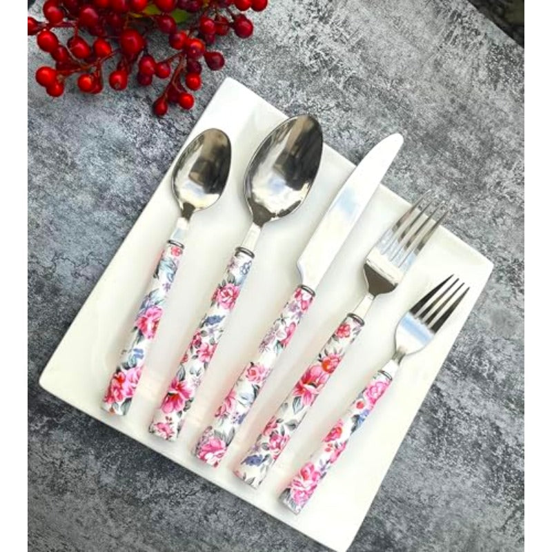 Elegant Peony Flower 20Piece Stainless Steel Flatware Set Durable Modern Cutlery set Service for 4 People Perfect for Home Weddings Parties and Everyday Use Plastic Handle Dishwasher Safe