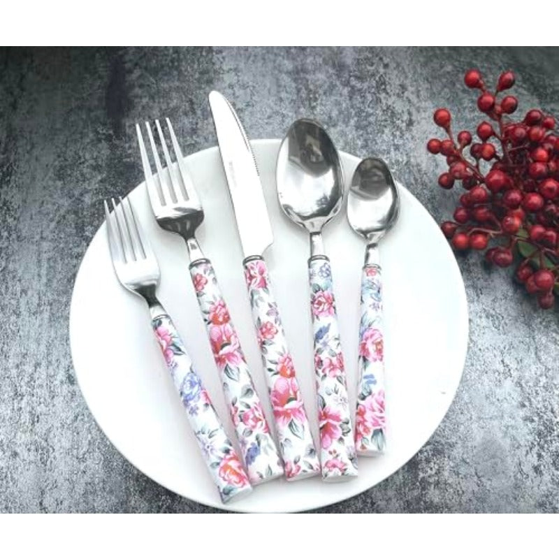 Elegant Peony Flower 20Piece Stainless Steel Flatware Set Durable Modern Cutlery set Service for 4 People Perfect for Home Weddings Parties and Everyday Use Plastic Handle Dishwasher Safe