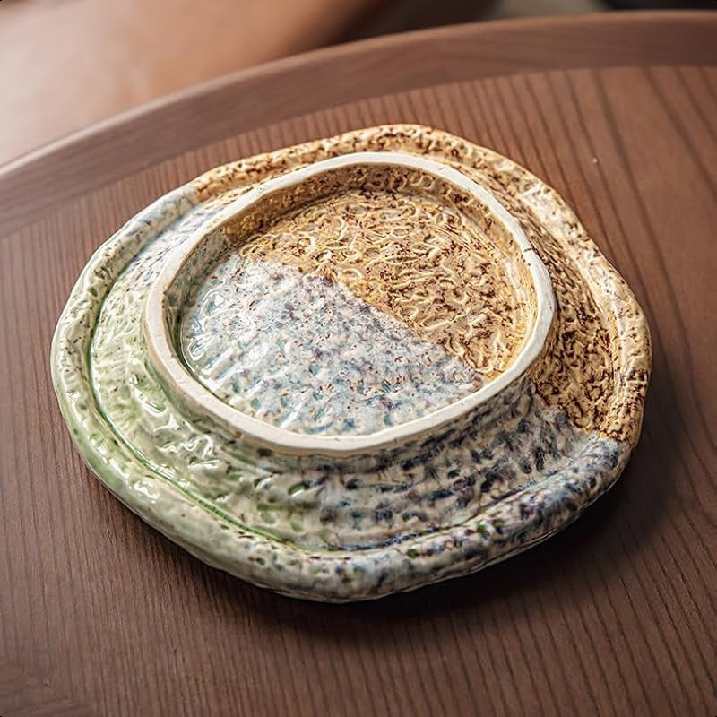 1pc SpecialShaped Ceramic Plate with Green Ice Crack Glaze & Spiral Design - Heavy-Duty Textured Rectangular Serving Tray for Dining Table, Coffee Table