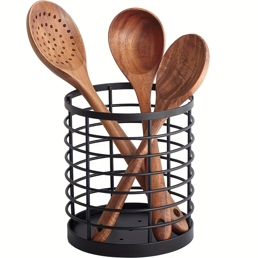 1pc Utensil Crock - Countertop Vertical Round Multifunctional Hollow Kitchenware Drain Rack with Storage for Knife, Fork, Chopsticks, Spatula, Spoon and Kitchen Organizers