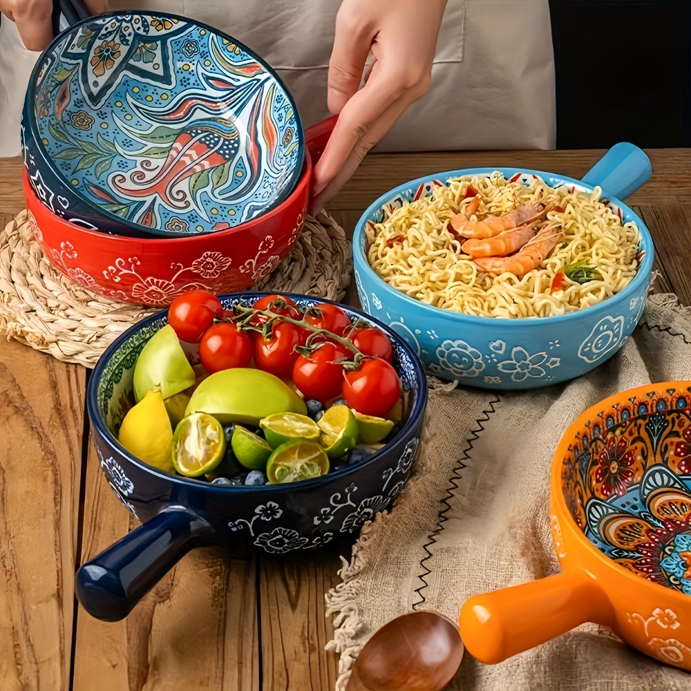 4pcs 9.5 Inches Embossed Underglaze Bohemian Handle Bowls - Microwave Safe