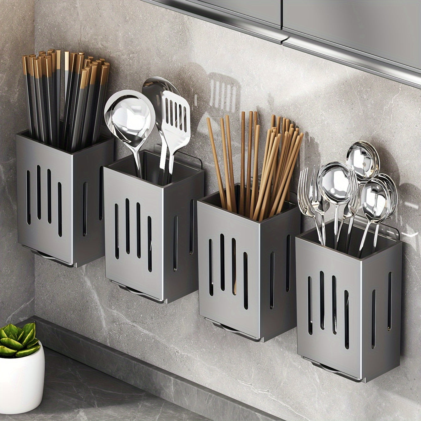 Kitchen Storage Set 2pcs- Multifunctional Utensil and Chopstick Holder, Wall-Mounted or Freestanding, Durable Plastic Multi-Layer Design, Suitable for Utensils and Cutlery