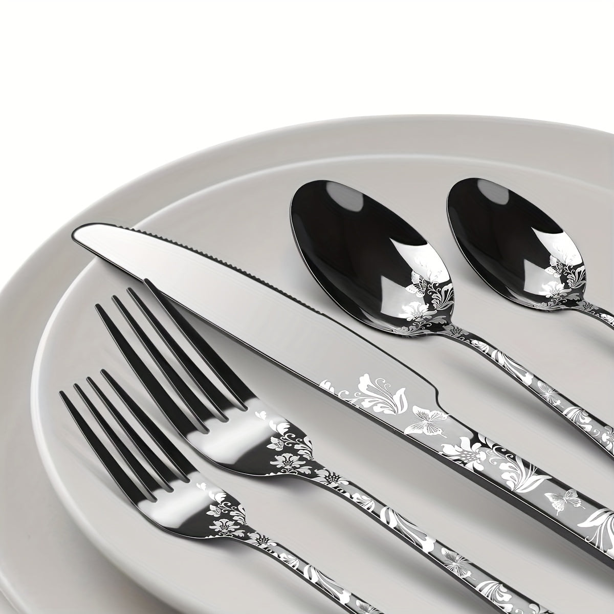 5/ 20pcs Christmas Black Stainless Steel Cutlery Set with Silver Pattern, Includes Steak Knife, Evening Fork