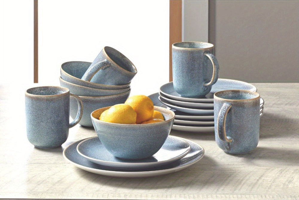 16pcs blue pottery tableware set, round design, durable and beautiful, suitable for daily use