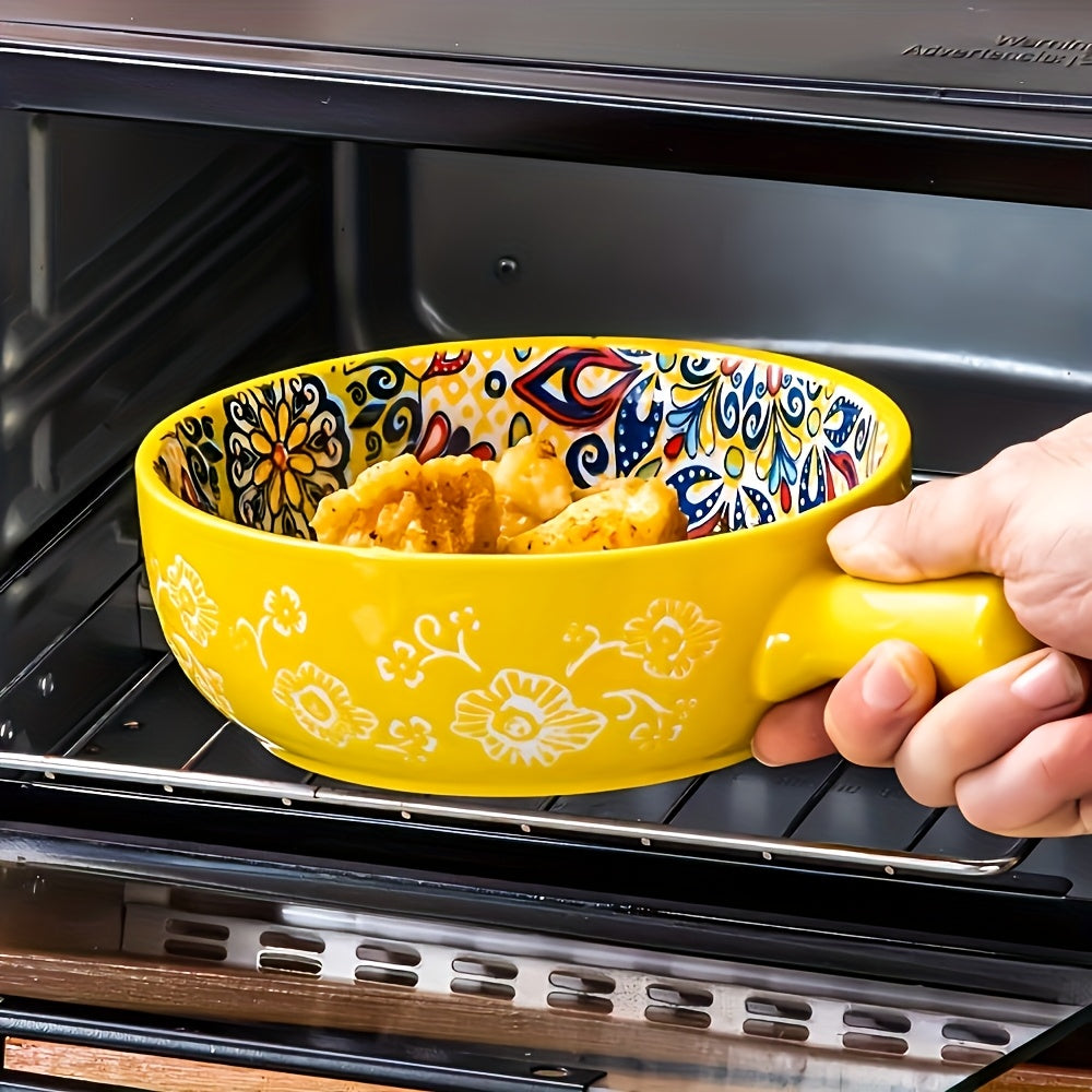 4pcs 9.5 Inches Embossed Underglaze Bohemian Handle Bowls - Microwave Safe