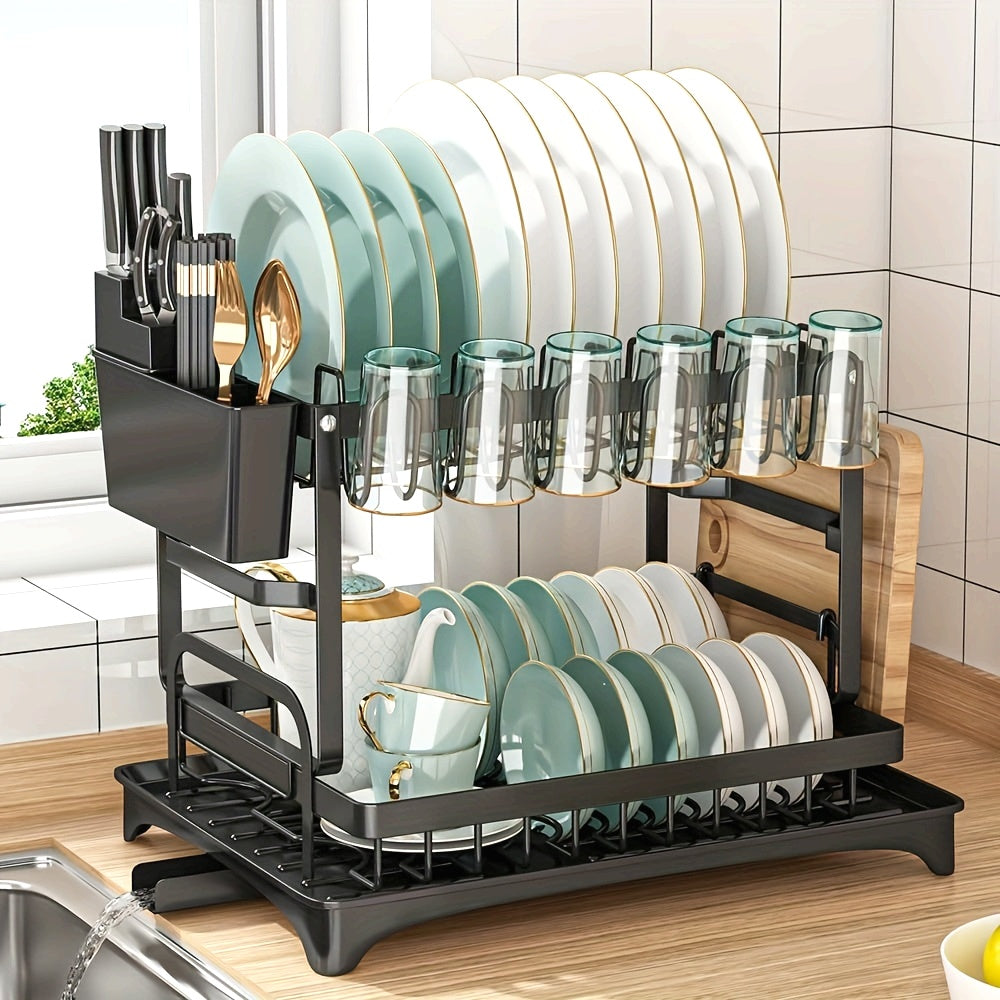 [2-Tier Rustproof Dish Drying Rack] 2-Tier Metal Dish Drying Rack with Drainboard, Multifunctional Kitchen Dish Rack with Utensil & Cup Holder, Space-Saving
