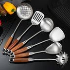 Stainl Steel Kitchen Utensils Set with Wooden Handle 6 PCS Profional Cooking Utensils Set Wok Spatula Ladle Skimmer Slotted Spatula Turner Spaghetti Spoon Large Spoon