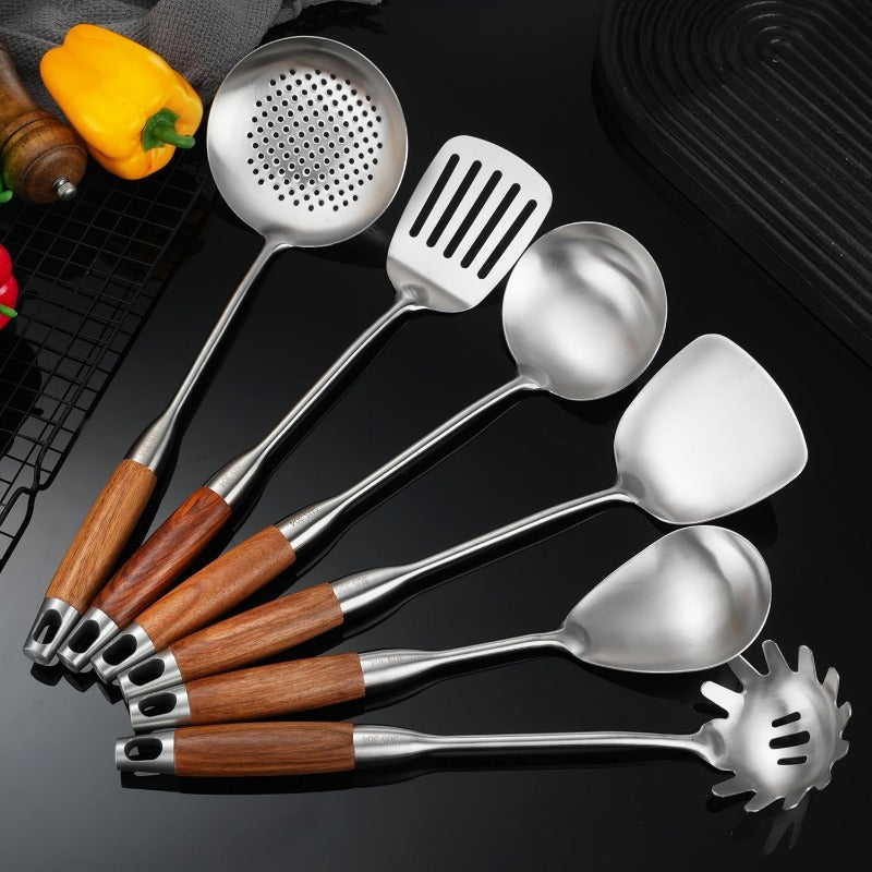Stainl Steel Kitchen Utensils Set with Wooden Handle 6 PCS Profional Cooking Utensils Set Wok Spatula Ladle Skimmer Slotted Spatula Turner Spaghetti Spoon Large Spoon