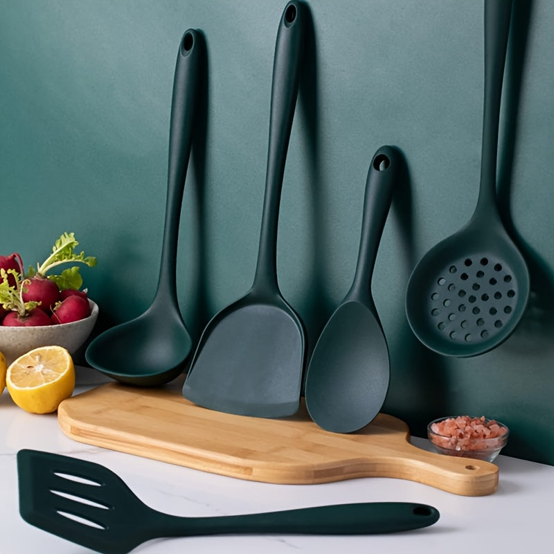 5pcs Silicone Kitchen Utensil Set, Including 5 Green Non-Stick Silicone Cooking Tools: Heat-Resistant Spatula, Soup Ladle, Slotted Spoon, Solid Spoon, And Rice Paddle. Suitable for Home Cooking And Outdoor Camping, Dishwasher-Safe. Father Gift