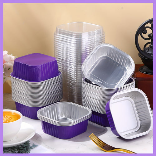 150pcs 10oz Mini Cake Pans with Lids, Disposable Aluminum Foil Baking Cups, Square Ramekins for Cupcakes