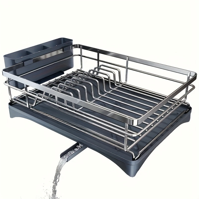 1P Dish Rack, 304 Stainless Steel Dish Drying Rack - with Automatic Drainage Board And Utensil Storage Box