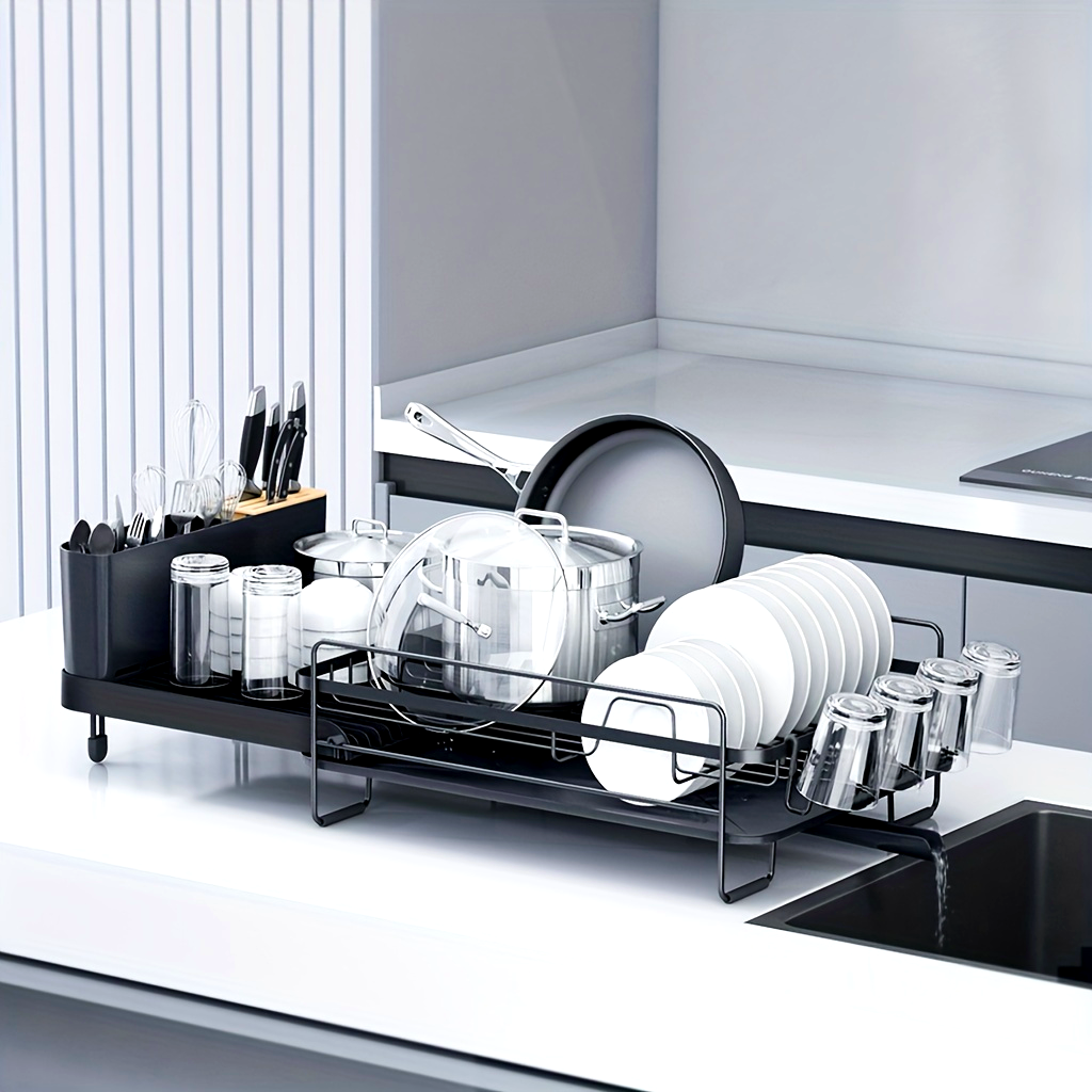 Large Anti-Rust Extendable Dish Drying Rack With Cutlery Holders, Multifunctional Dish Rack And Drainboard Set
