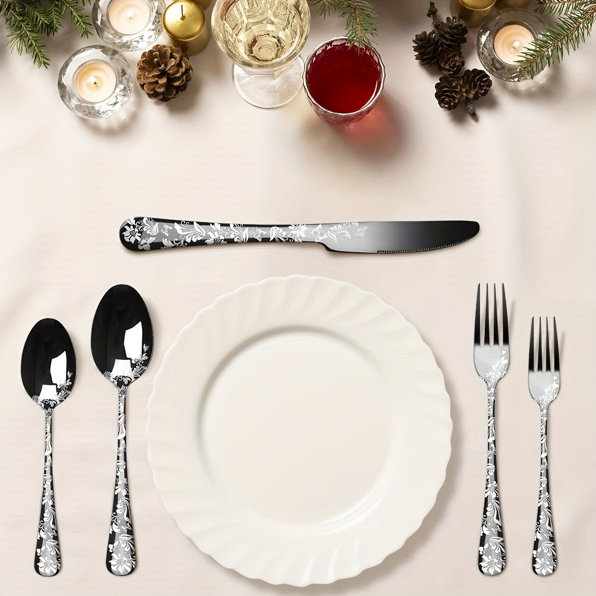 5/ 20pcs Christmas Black Stainless Steel Cutlery Set with Silver Pattern, Includes Steak Knife, Evening Fork