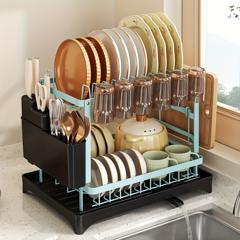 [2-Tier Rustproof Dish Drying Rack] 2-Tier Metal Dish Drying Rack with Drainboard, Multifunctional Kitchen Dish Rack with Utensil & Cup Holder, Space-Saving