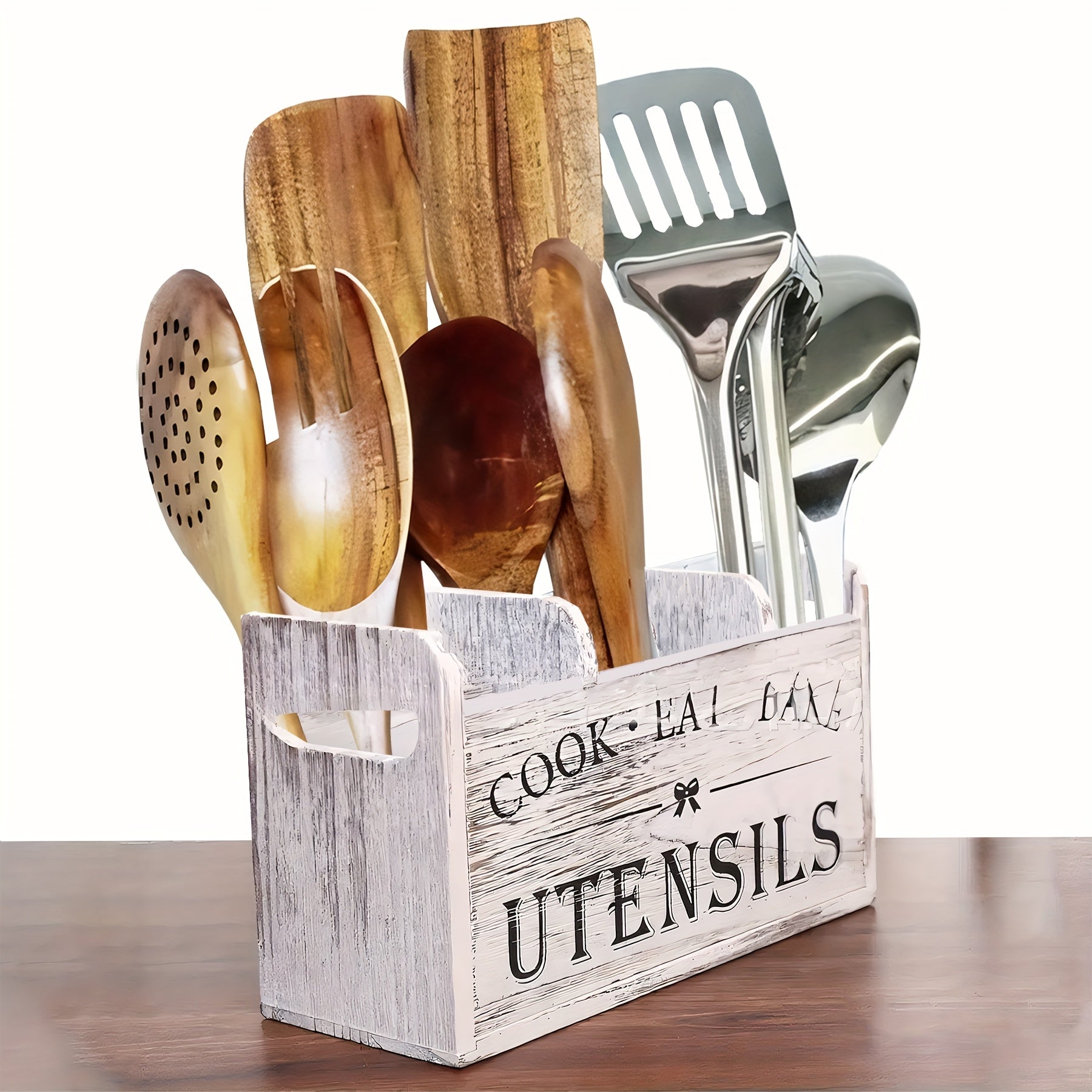 Rustic Wooden Kitchen Utensil Holder, 1pc 3-Compartment Storage Box, Countertop & Wall-Mounted Organizer, Wood Material, Kitchen Accessories for Cook, Eat, Bake Tools 2025