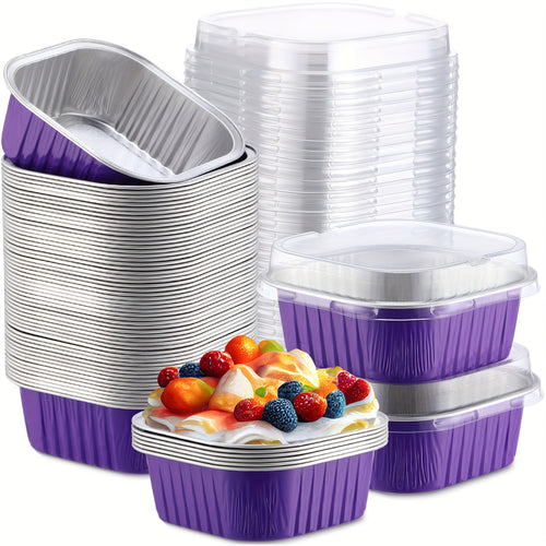 150pcs 10oz Mini Cake Pans with Lids, Disposable Aluminum Foil Baking Cups, Square Ramekins for Cupcakes