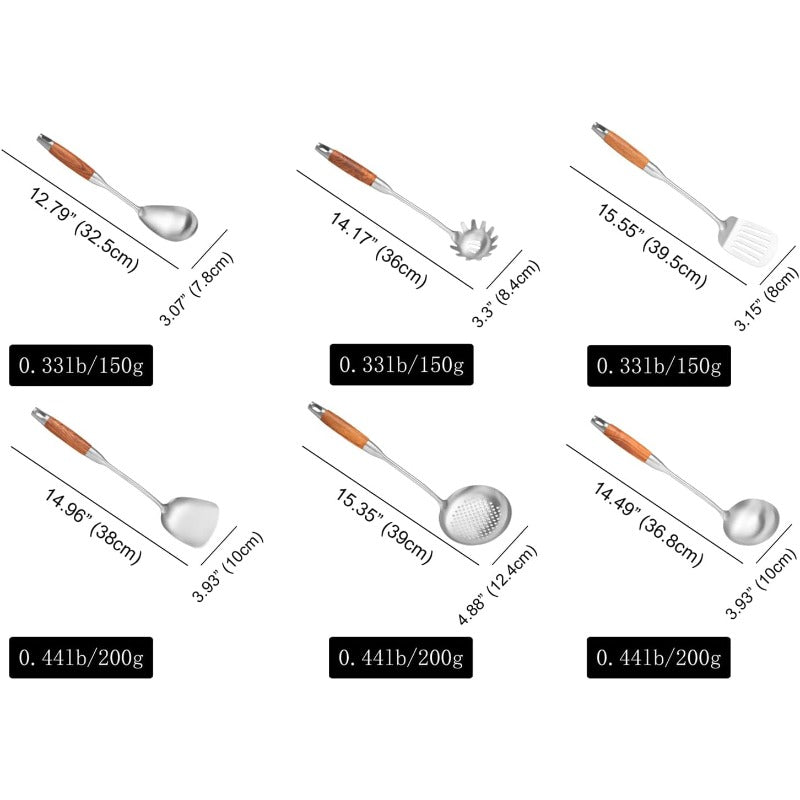 Stainl Steel Kitchen Utensils Set with Wooden Handle 6 PCS Profional Cooking Utensils Set Wok Spatula Ladle Skimmer Slotted Spatula Turner Spaghetti Spoon Large Spoon