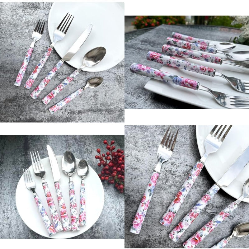 Elegant Peony Flower 20Piece Stainless Steel Flatware Set Durable Modern Cutlery set Service for 4 People Perfect for Home Weddings Parties and Everyday Use Plastic Handle Dishwasher Safe