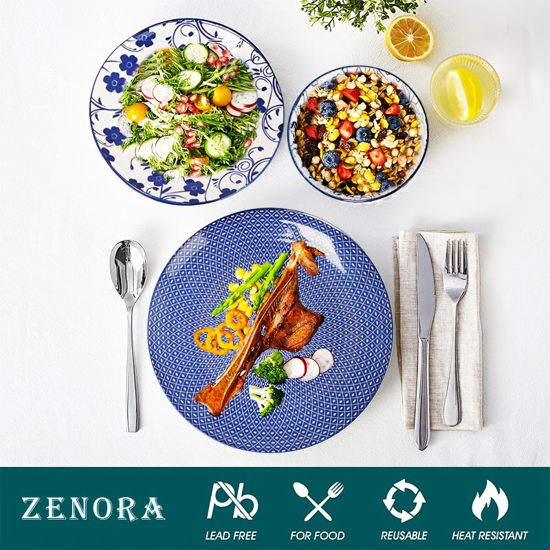12/24pcs Ceramic Dinnerware Set, Blue Porcelain Plates And Bowls. Suitable For Kitchen & Restaurant & Weddings & Dinner Use. Serving For Steak, Pasta, Salad, Dessert. Microwave & Dishwasher & Oven Safe. Elegant Gift For Weddings And Holidays.