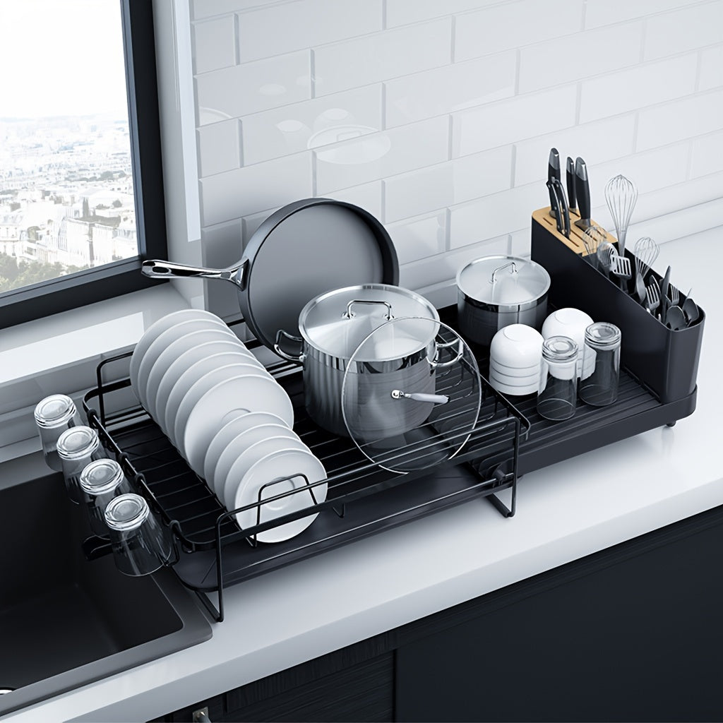 Large Anti-Rust Extendable Dish Drying Rack With Cutlery Holders, Multifunctional Dish Rack And Drainboard Set