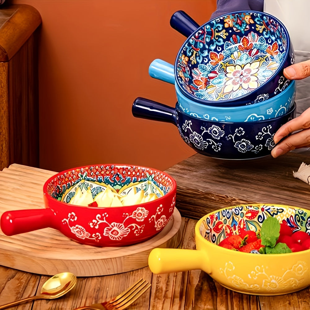4pcs 9.5 Inches Embossed Underglaze Bohemian Handle Bowls - Microwave Safe