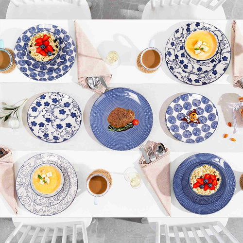 12/24pcs Ceramic Dinnerware Set, Blue Porcelain Plates And Bowls. Suitable For Kitchen & Restaurant & Weddings & Dinner Use. Serving For Steak, Pasta, Salad, Dessert. Microwave & Dishwasher & Oven Safe. Elegant Gift For Weddings And Holidays.