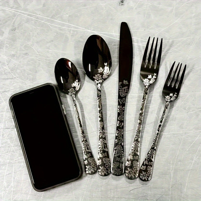 5/ 20pcs Christmas Black Stainless Steel Cutlery Set with Silver Pattern, Includes Steak Knife, Evening Fork