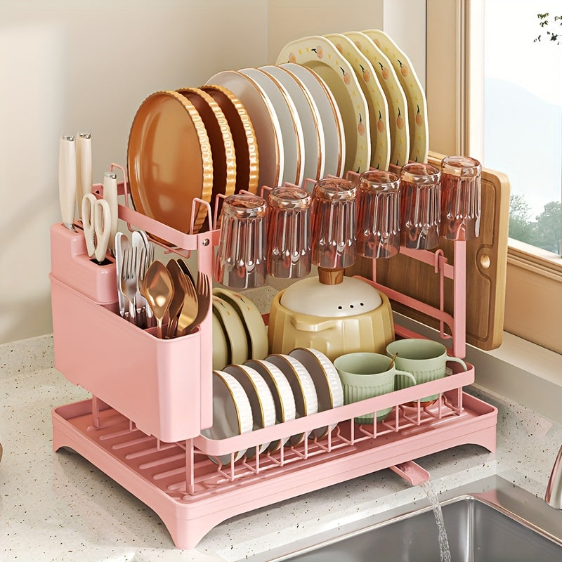 [2-Tier Rustproof Dish Drying Rack] 2-Tier Metal Dish Drying Rack with Drainboard, Multifunctional Kitchen Dish Rack with Utensil & Cup Holder, Space-Saving