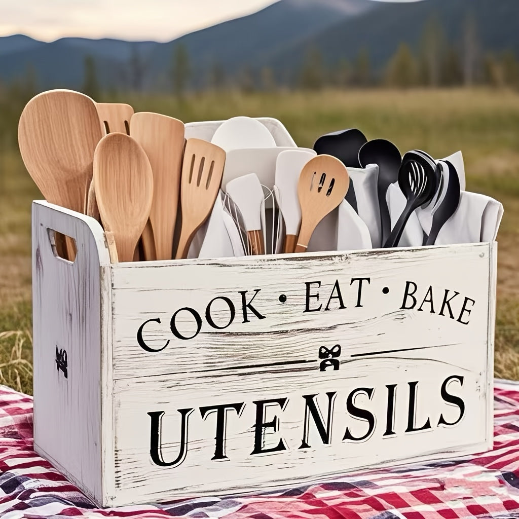 Rustic Wooden Kitchen Utensil Holder, 1pc 3-Compartment Storage Box, Countertop & Wall-Mounted Organizer, Wood Material, Kitchen Accessories for Cook, Eat, Bake Tools 2025
