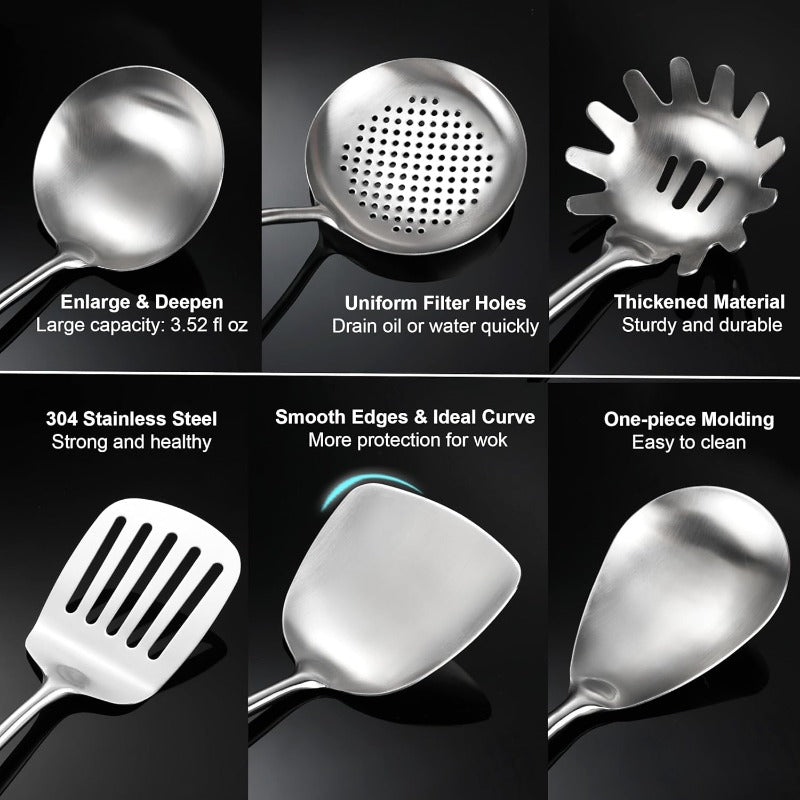 Stainl Steel Kitchen Utensils Set with Wooden Handle 6 PCS Profional Cooking Utensils Set Wok Spatula Ladle Skimmer Slotted Spatula Turner Spaghetti Spoon Large Spoon