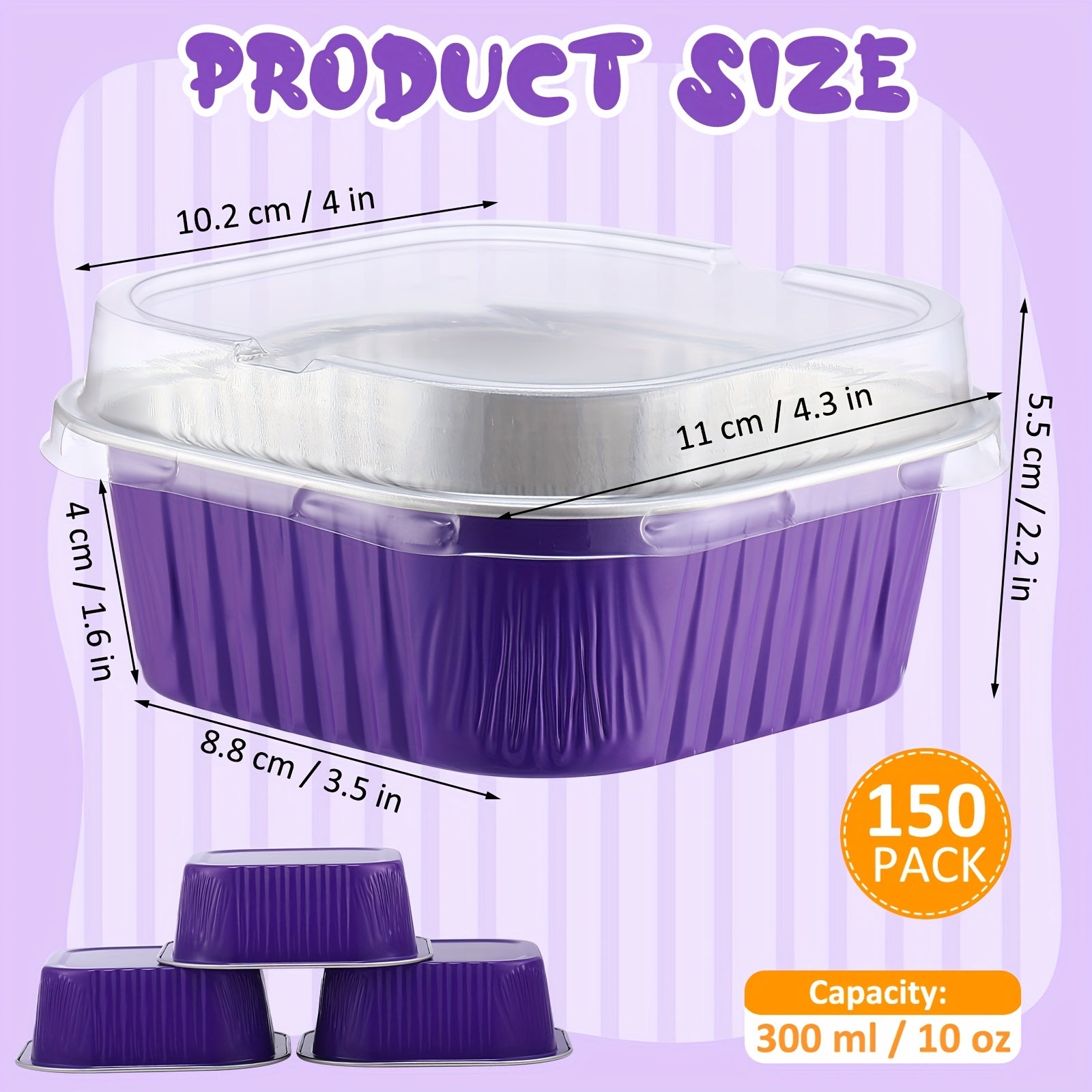 150pcs 10oz Mini Cake Pans with Lids, Disposable Aluminum Foil Baking Cups, Square Ramekins for Cupcakes