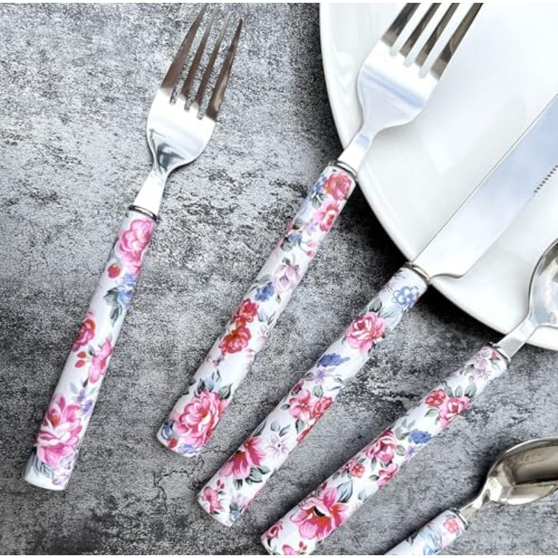 Elegant Peony Flower 20Piece Stainless Steel Flatware Set Durable Modern Cutlery set Service for 4 People Perfect for Home Weddings Parties and Everyday Use Plastic Handle Dishwasher Safe