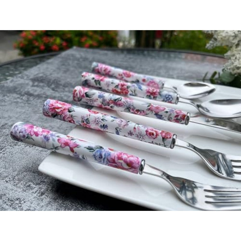 Elegant Peony Flower 20Piece Stainless Steel Flatware Set Durable Modern Cutlery set Service for 4 People Perfect for Home Weddings Parties and Everyday Use Plastic Handle Dishwasher Safe