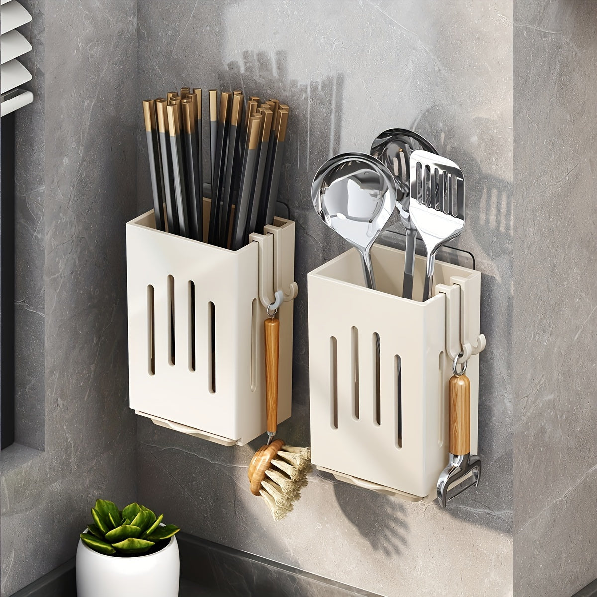Kitchen Storage Set 2pcs- Multifunctional Utensil and Chopstick Holder, Wall-Mounted or Freestanding, Durable Plastic Multi-Layer Design, Suitable for Utensils and Cutlery