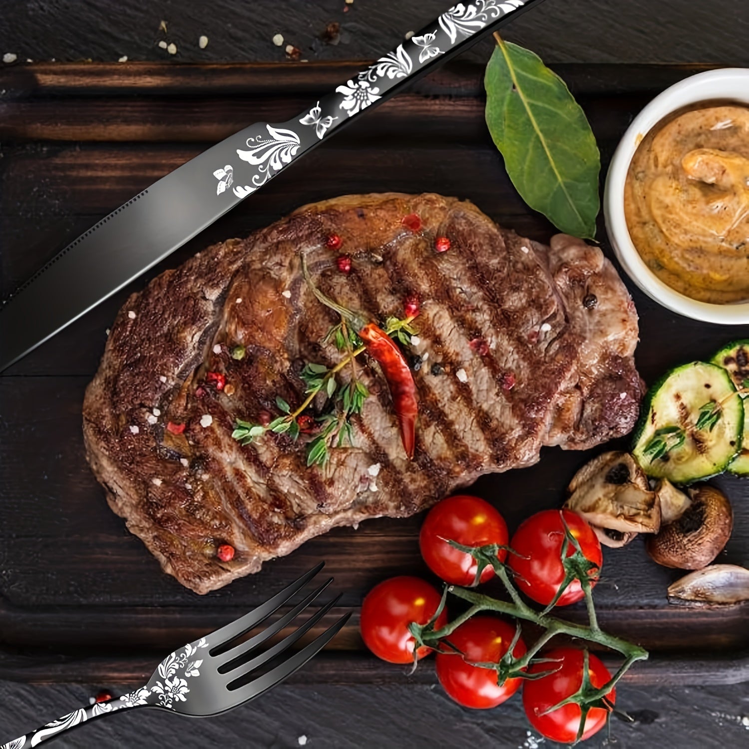 5/ 20pcs Christmas Black Stainless Steel Cutlery Set with Silver Pattern, Includes Steak Knife, Evening Fork
